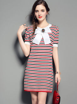 Striped Bowknot Nail Drill Knitted Dress