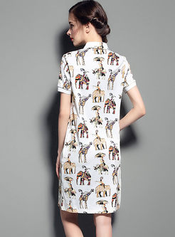 Ethnic Animal Design Turn Down Collar T-shirt Dress