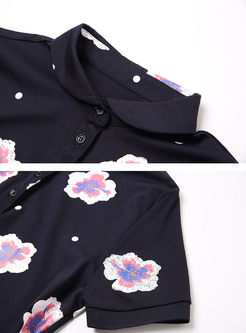 Flower Print Turn Down Collar T-shirt Dress