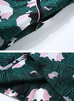 Green Print V-neck Three Quarters Sleeve Skater Dress