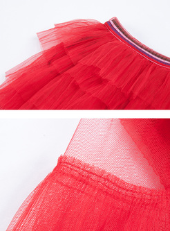 Red Mesh Elastic Waist Layered Skirt