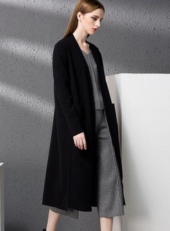 Casual Pure Color Straight Splicing Knitted Long Coat 