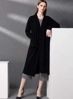 Casual Pure Color Straight Splicing Knitted Long Coat 