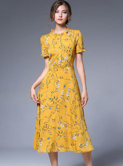 Yellow Chiffon Floral Print Falbala Skater Dress