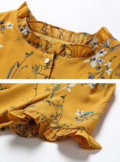 Yellow Chiffon Floral Print Falbala Skater Dress
