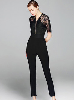 Sexy Lace Splicing Hollow-out Fringed High Waist Jumpsuits 