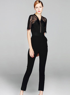 Sexy Lace Splicing Hollow-out Fringed High Waist Jumpsuits 