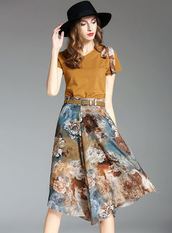 Cotton Short Sleeve T-shirt & Floral Print Skirt With Underskirt