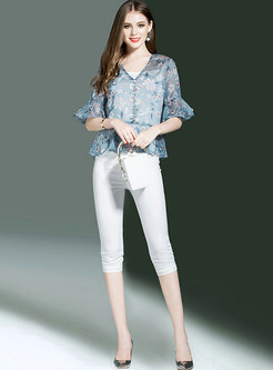 Casual Floral Print V-neck Flare Sleeve Blouse 