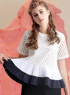 Casual Hollow-out Pleated O-neck Loose T-shirt 