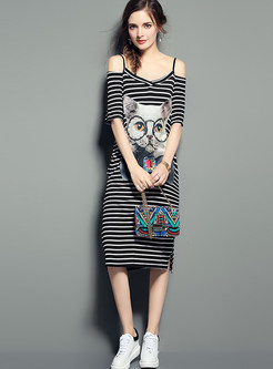 Cute Off Shoulder Cat Print Striated Open Fork T-shirt Dress 