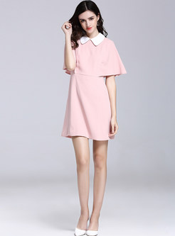 Brief Pure Color Splicing Turn-down Collar Loose Shift Dress 
