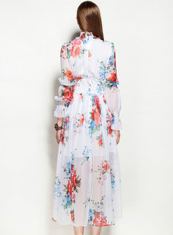 Casual Print Stand Collar Long Sleeve Maxi Dress 