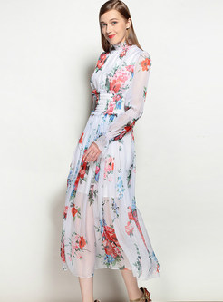 Casual Print Stand Collar Long Sleeve Maxi Dress 