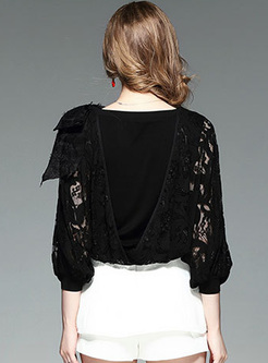 Black Asymmetric Patch Lace Embroidery Blouse