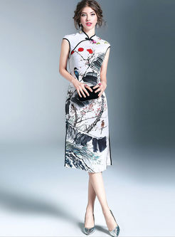 Vintage Watercolor Print Silk Improved Cheongsam Bodycon Dress