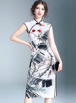 Vintage Watercolor Print Silk Improved Cheongsam Bodycon Dress