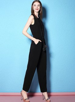 Black Sleeveless Lace Tied Jumpsuits