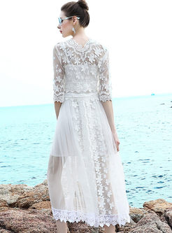 Stylish Sexy Lace Embroidered Mesh Maxi Dress With Underskirt