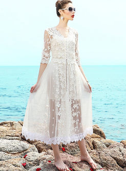 Stylish Sexy Lace Embroidered Mesh Maxi Dress With Underskirt