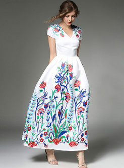 Floral Print Gathered Waist Big Hem Maxi Dress