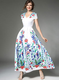 Floral Print Gathered Waist Big Hem Maxi Dress