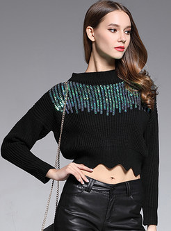 Sexy Sequins Pure Color O-neck Long Sleeve Sweater