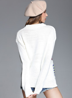 Casual Hollow-out Colored Lattice Long Sleeve Sweater