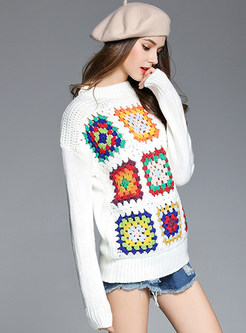 Casual Hollow-out Colored Lattice Long Sleeve Sweater