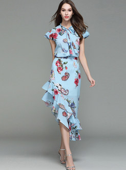 Elegant Print Bowknot Ruffle Sleeve Blouse & Asymmetrical Falbala Sheath Skirt