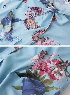 Elegant Print Bowknot Ruffle Sleeve Blouse & Asymmetrical Falbala Sheath Skirt
