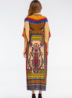 Ethnic V-neck Print Flare Sleeve Maxi Dress