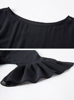 Black Chiffon Elastic Waist Falbala Skater Dress With Underskirt