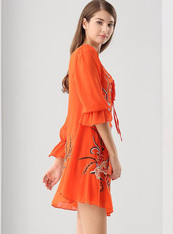 Ethnic Silk Embroidered Long Sleeve Shift Dress With Underskirt