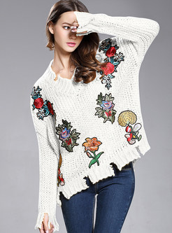 Embroidered V-neck Asymmetrical Loose Sweater
