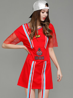 Street Splicing Embroidered O-neck Loose T-shirt Dress 