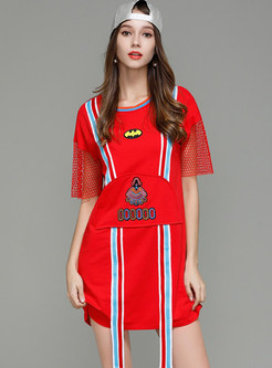 Street Splicing Embroidered O-neck Loose T-shirt Dress 