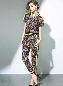 Street Print Splicing Short Sleeve Two-piece Outfits 
