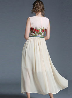 Chiffon Embroidered Belt Sleeveless Maxi Dress