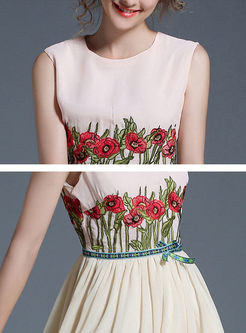 Chiffon Embroidered Belt Sleeveless Maxi Dress