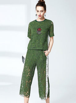Green Lace Hollow Out Two-piece Outfits