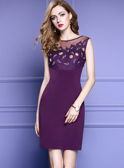 Purple Mesh Embroidered Nail Bead Bodycon Dress
