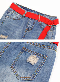 Rough Selvedge Hole Slit Pocket Skirt With Belt