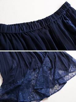 Brief Pleated Lace Gauze Splicing Skirt 
