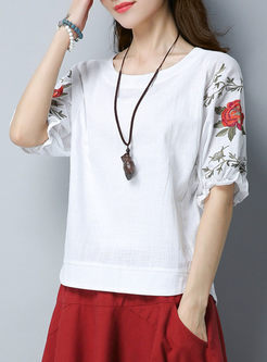 Sweet Embroidered Batwing Sleeve Slim T-shirt