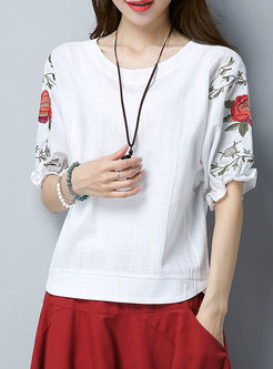 Sweet Embroidered Batwing Sleeve Slim T-shirt