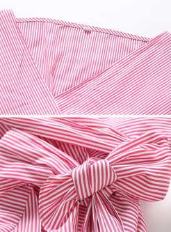 Sweet V-neck Puff Sleeve Striped Wrap Dress