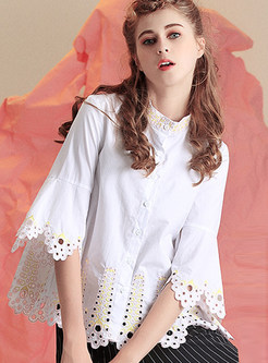 Brief Embroidered Hollow-out Stand Collar Blouse 