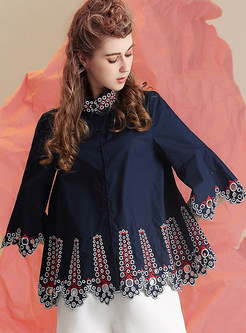 Brief Embroidered Hollow-out Stand Collar Blouse 