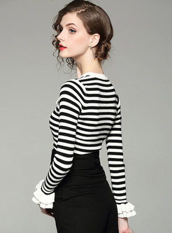 Elegant Striped Flare Sleeve Slim Sweater